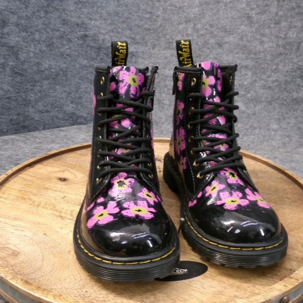 new girls dr martens 1460 JR/youth 3, 4 or 5 black patent leather floral print - Picture 2 of 4
